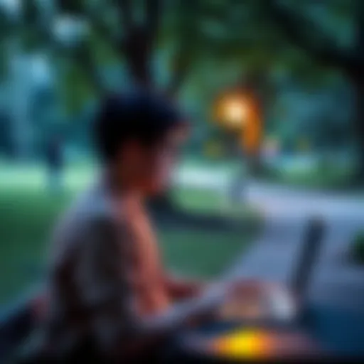 Monero Privacy Philosophy A person using a laptop in a serene park, symbolizing freedom from digital tracking and privacy in financial transactions with Monero.