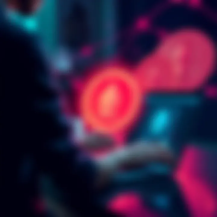 A person using a laptop to conduct private Monero transactions, with a lock symbol representing security, and Ethereum coins in the background.