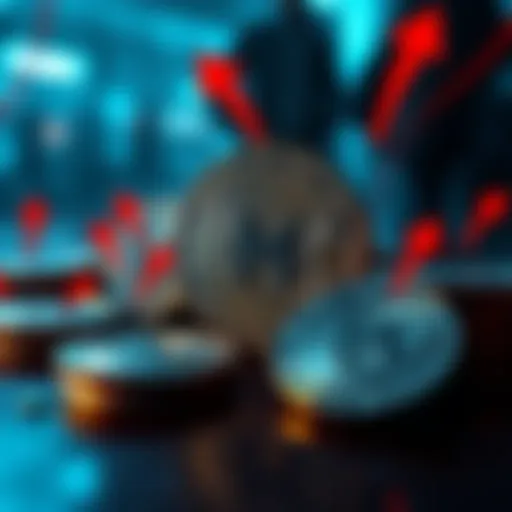 A graphic showing Monero coins with arrows indicating ongoing transactions, highlighting hidden figures in the background.