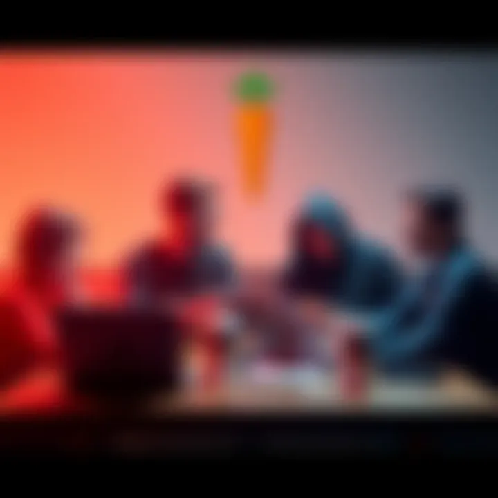 Users engaged in a debate about Monero and Carrot cryptocurrencies with laptops and coffee cups.