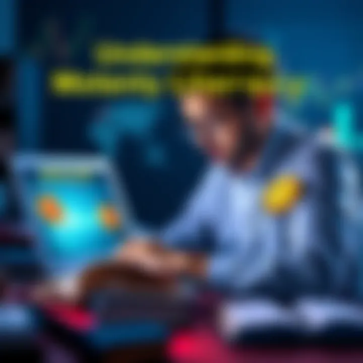 A person studying financial concepts with books and a laptop featuring Bitcoin symbols on the screen