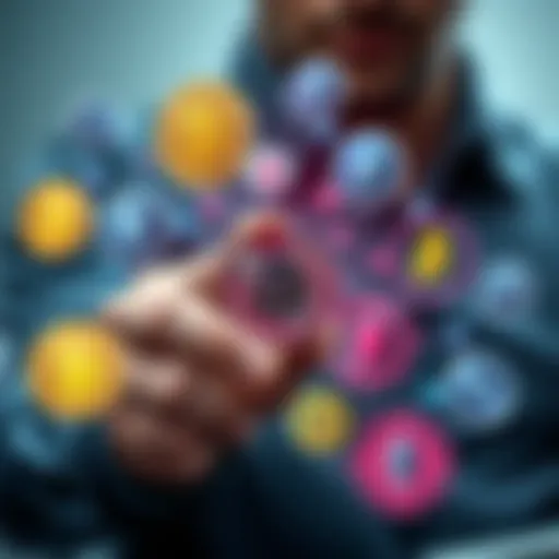 A person holding a coin with a digital design, surrounded by various cryptocurrency symbols like Bitcoin and Ethereum, representing investment choices.
