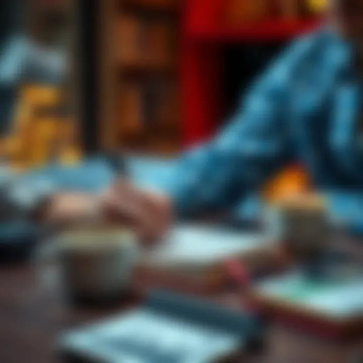 A person writing down money-making tips and ideas in a notebook with a cup of coffee on the table.