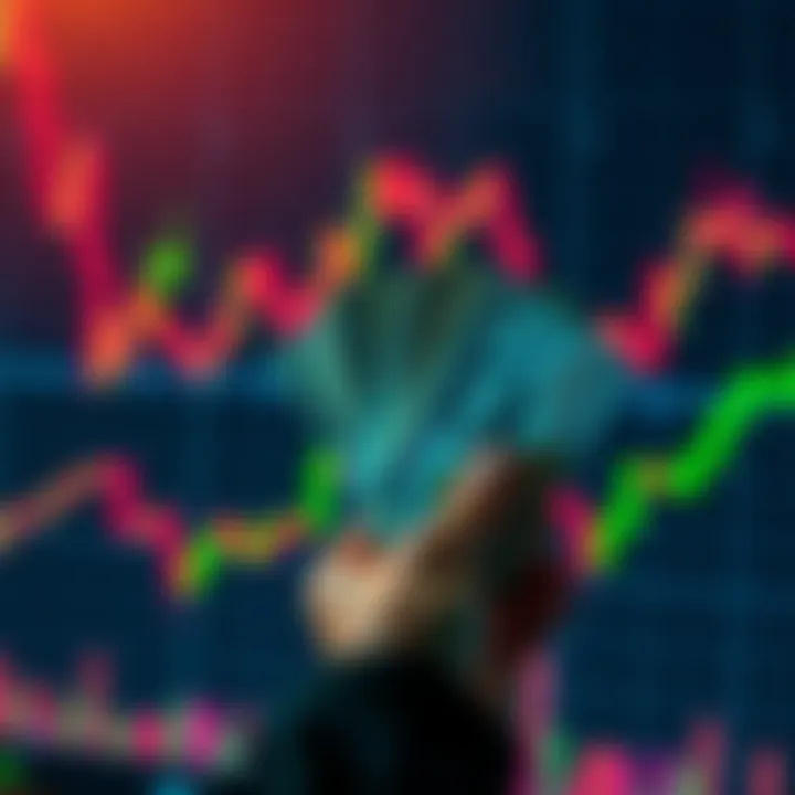 A person holding cash with a background of fluctuating prices on a graph, illustrating the impact of money on perceptions of abundance and scarcity.