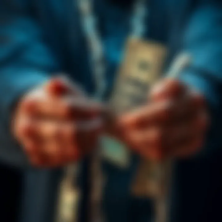 A person holding chains connected to dollar bills, symbolizing the concept of debt slavery associated with fiat currency.
