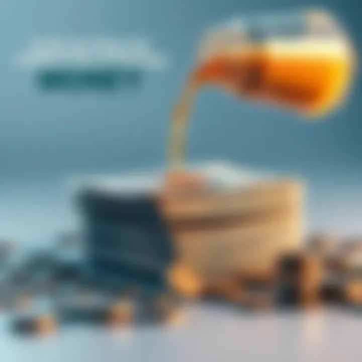 Money Dilution Concept A stack of money being diluted with a pouring liquid, symbolizing the loss of value in currency, with coins scattered around representing financial vulnerability.