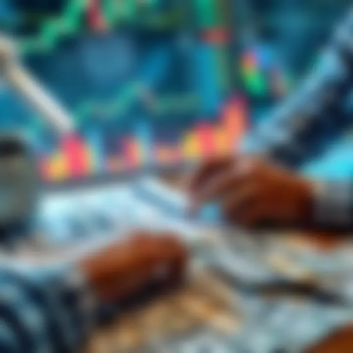 A person analyzing financial charts and graphs with dollar bills on a table