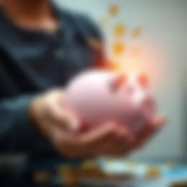 Money Saving Strategies A person holding a piggy bank with coins being dropped into it, symbolizing saving and investing habits