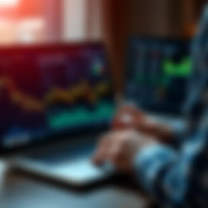 A person analyzing stock market data on a laptop with financial charts and graphs displayed.