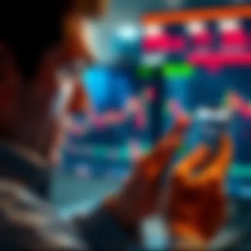 A person looking at Bitcoin price charts on a smartphone, appearing stressed about market fluctuations.