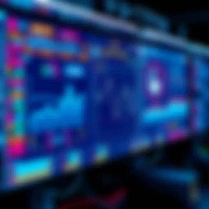 A digital screen displaying real-time data analytics for system security. Graphs and alerts show live interactions and potential threats.