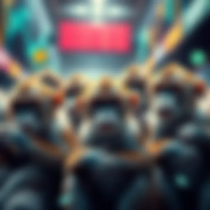 A group of monkeys representing the 100th monkey effect, with visual symbols of XRP and financial growth