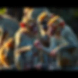 A group of monkeys observing and mimicking each other's actions in a natural setting.
