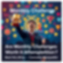 A person celebrating after completing a monthly challenge, holding a trophy and badges, with a backdrop of digital achievements, showing excitement and accomplishment.