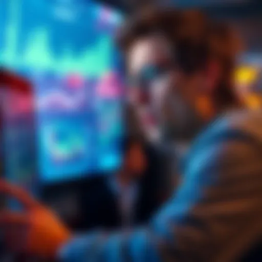 A visual representation showing data metrics for monthly data sharing with a frustrated person looking at a screen.