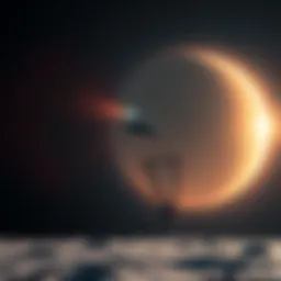 A futuristic spacecraft approaching the moon with a net, aiming to capture it as Earth glows in the background.