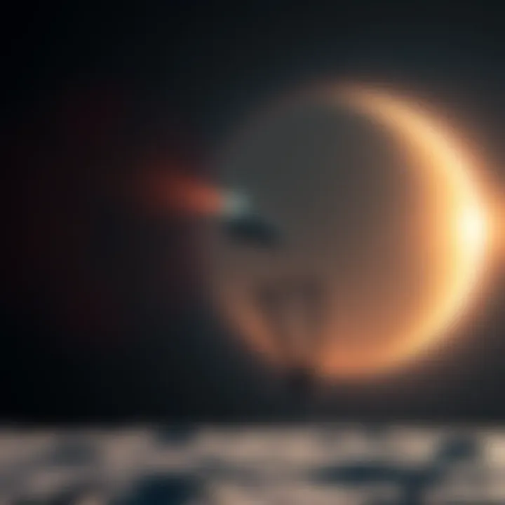 A futuristic spacecraft approaching the moon with a net, aiming to capture it as Earth glows in the background.