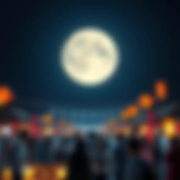 People celebrating under a full moon at a cultural festival, with decorations and lanterns around