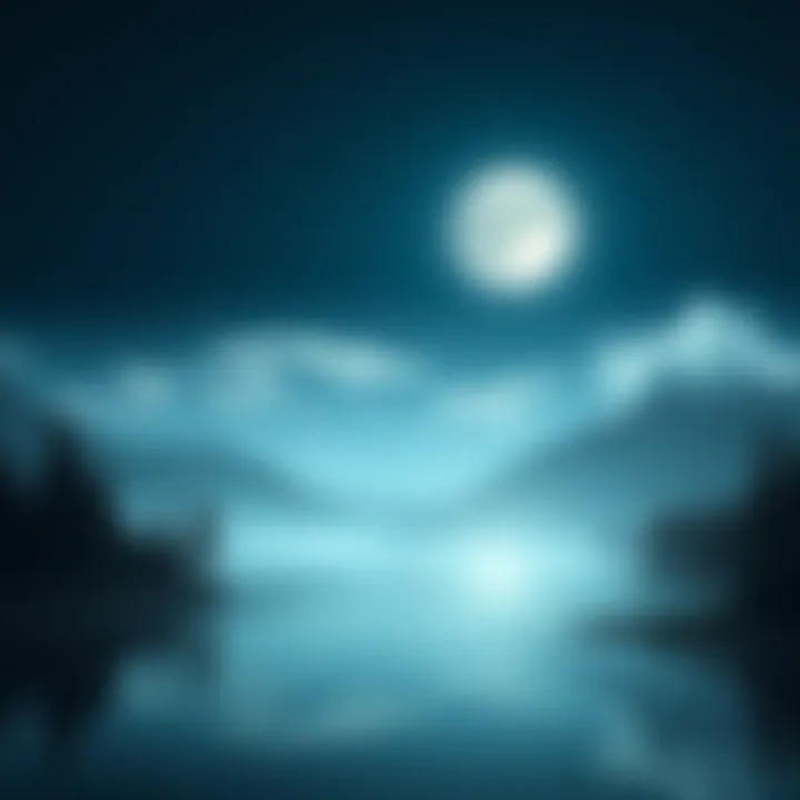A bright full moon shining over a calm lake, reflecting its light on the water, surrounded by trees and mountains
