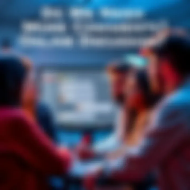 A group of diverse people actively engaging in an online discussion with comments appearing on a screen