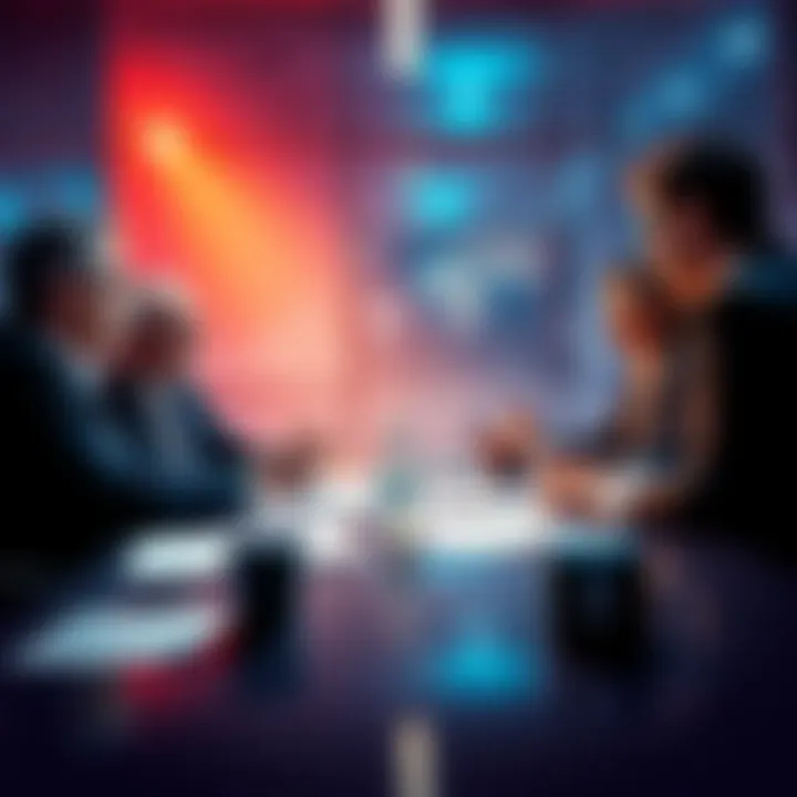 A business meeting scene showing professionals discussing Morgan Stanley's comments on Hedera, with charts and reports on the table.