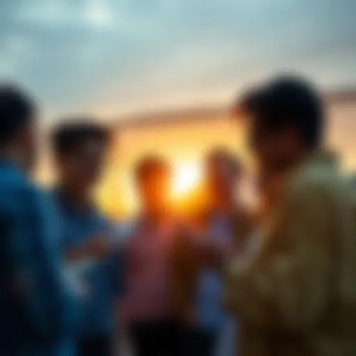 A group of people engaging in a lively conversation on social media about trending questions, with a bright morning backdrop.