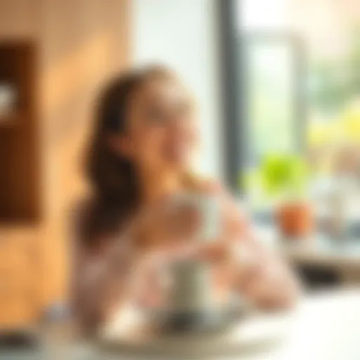 A person enjoying a cup of coffee, looking refreshed and cheerful in a sunlit kitchen.