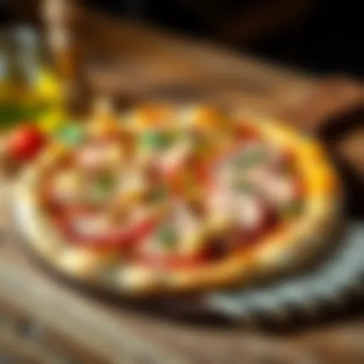 Mortadella and Pistachio Pizza A delicious pizza topped with mortadella slices and sprinkled with pistachios, served on a wooden board