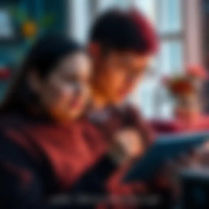 A mother reading about Bitcoin on a tablet, looking intrigued and thoughtful