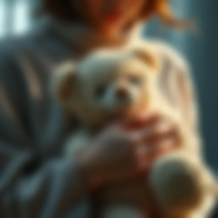 A grieving mother holds a teddy bear close to her heart, symbolizing her loss of her baby boy.