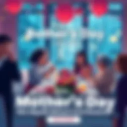 A joyful scene of people celebrating Mother's Day with gifts, flowers, and dining, featuring BitMart Card rewards