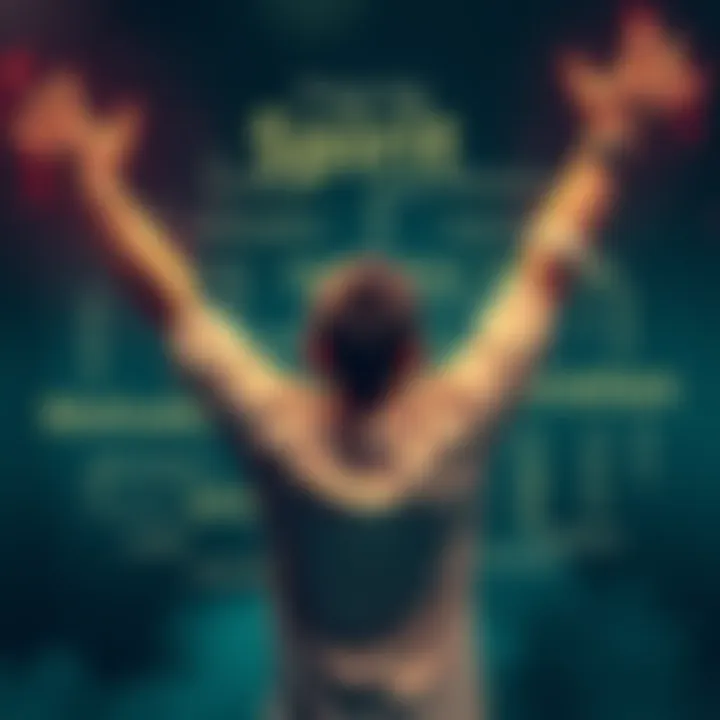 A person with arms raised in triumph, surrounded by positive words like motivation and inspiration, symbolizing a spirited attitude.