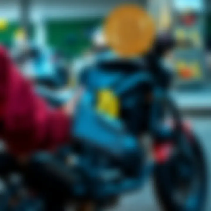 A motorcycle being sold with Bitcoin payment, showing a wallet and a Bitcoin symbol