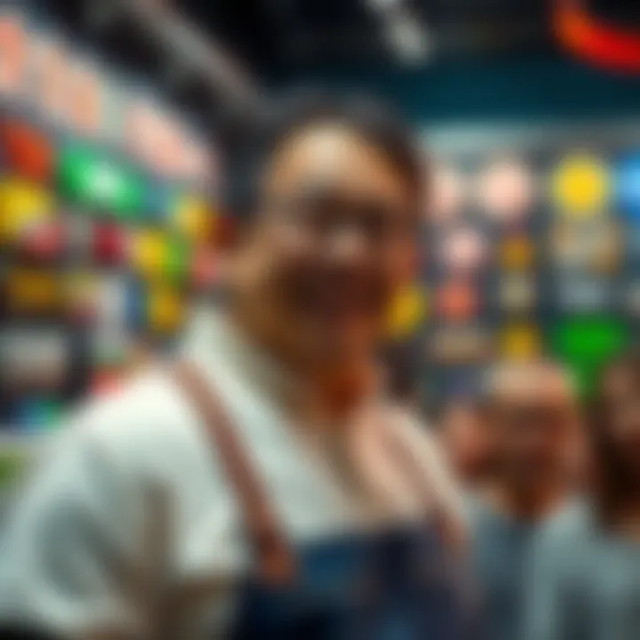 Mr. Epic stands in front of a colorful TCM display, discussing his glazing claims with an engaged audience.