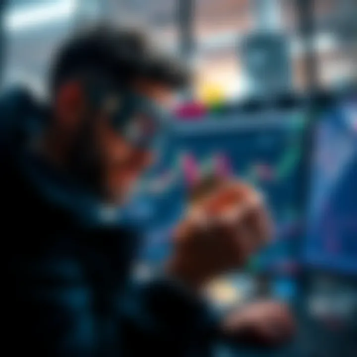 Mr. Glow Eyes analyzing charts and holding Buttcoin in a financial setting