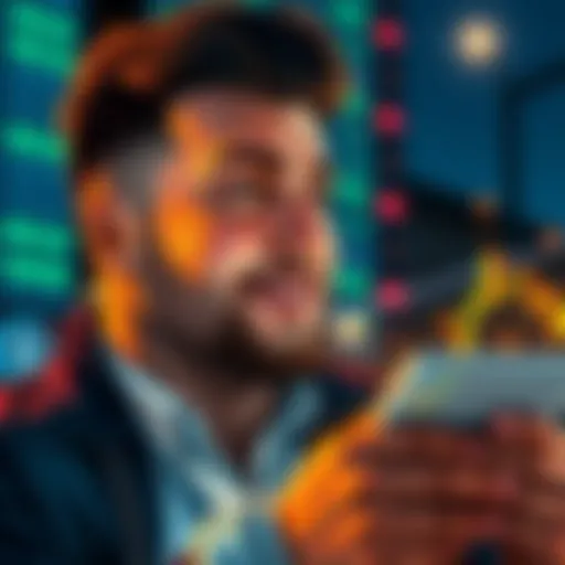 MrBeast smiling and looking at financial charts, with digital currency symbols around him, representing his new venture into finance and crypto.
