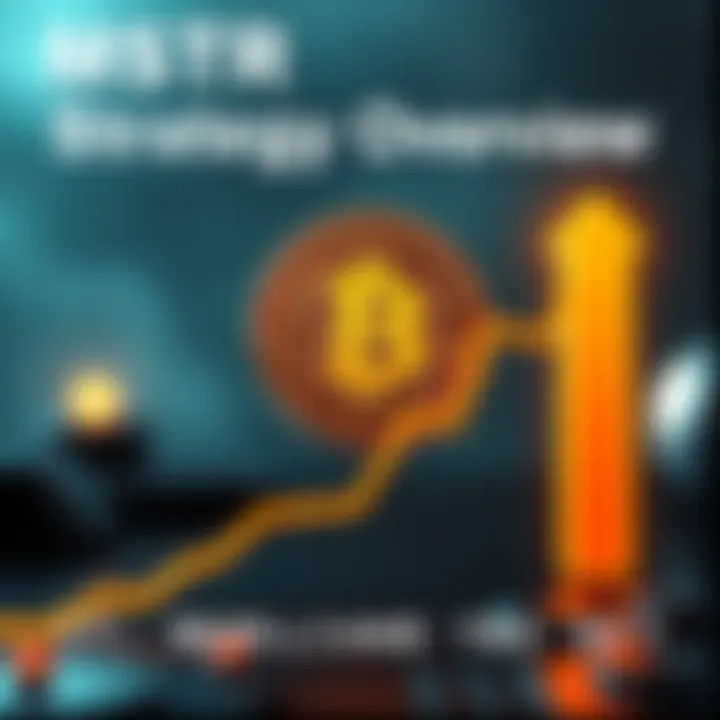 A graphic showing a Bitcoin symbol alongside a rising graph, representing MSTR's investment strategy and potential share price increase.