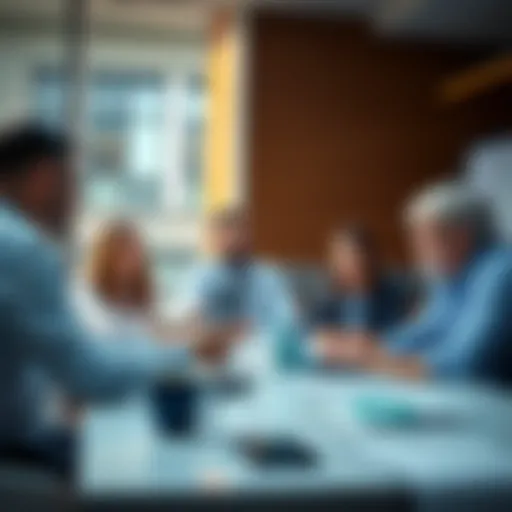A group of investors discussing strategies related to MSTR investments at a meeting table.