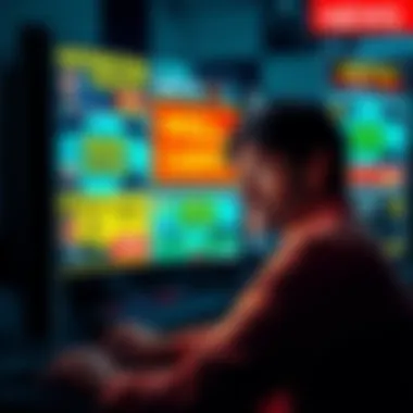 MSTR Marketing Campaign A person looking at a computer screen displaying bold advertisements promising high returns, with a worried expression, symbolizing investment concerns.