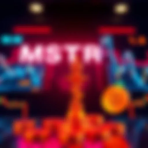 A graphic showing the MSTR stock being sold, with dollar signs and Bitcoin symbols representing new investment in cryptocurrency.