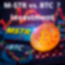 A comparison of MSTR stock and Bitcoin symbols, highlighting the investment choices between them.