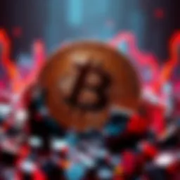 A digital representation of lost Bitcoin with a broken exchange symbol, illustrating the collapse of Mt. Gox in 2014