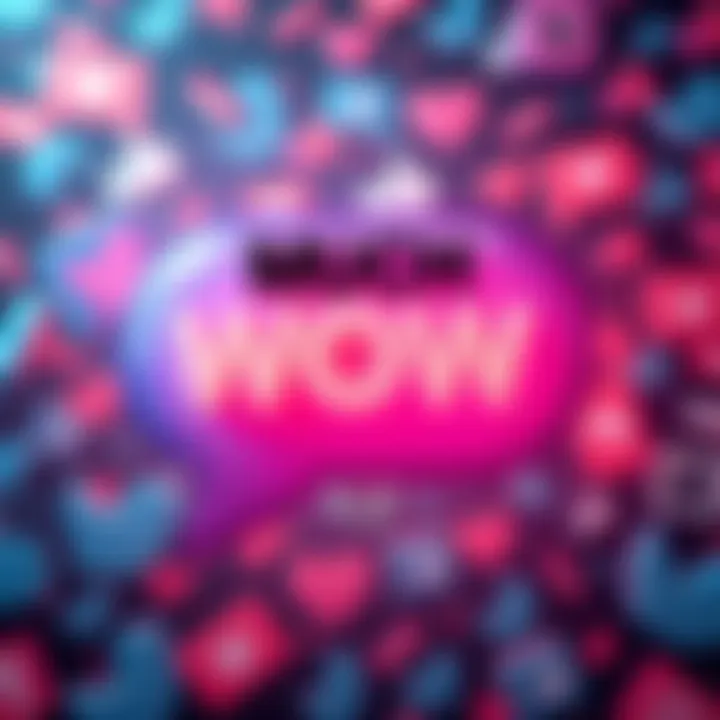 Text bubble with the phrase 'Much Wow' surrounded by social media icons and likes