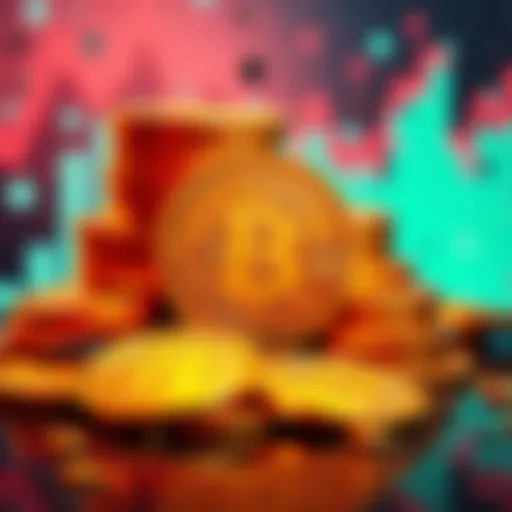 A stack of gold coins representing multiple Bitcoins, with digital currency symbols in the background