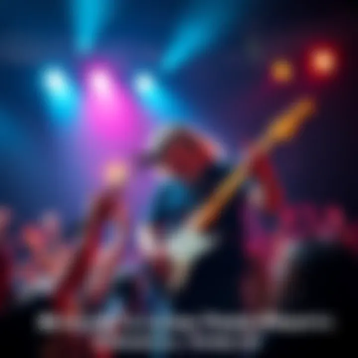 A musician with a guitar, performing a song about Bitcoin's ups and downs on stage, with colorful lights and an excited audience