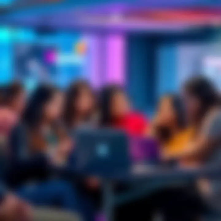 Myntra Girls Hackathon A diverse group of women collaborating on tech projects at the Myntra girls hackathon, showcasing laptops and brainstorming ideas