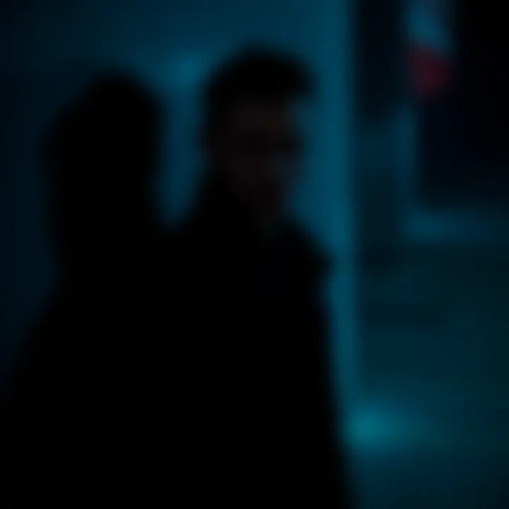 A man stands partially obscured by shadows, giving off an air of mystery.