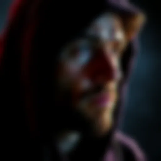 A close-up of a man with an enigmatic expression, wearing a hoodie and looking thoughtfully into the distance.