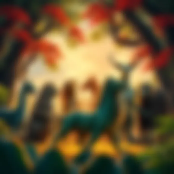 A scene showing various mythical creatures from different cultures standing together in a vibrant forest setting, showcasing the diversity of legends worldwide.