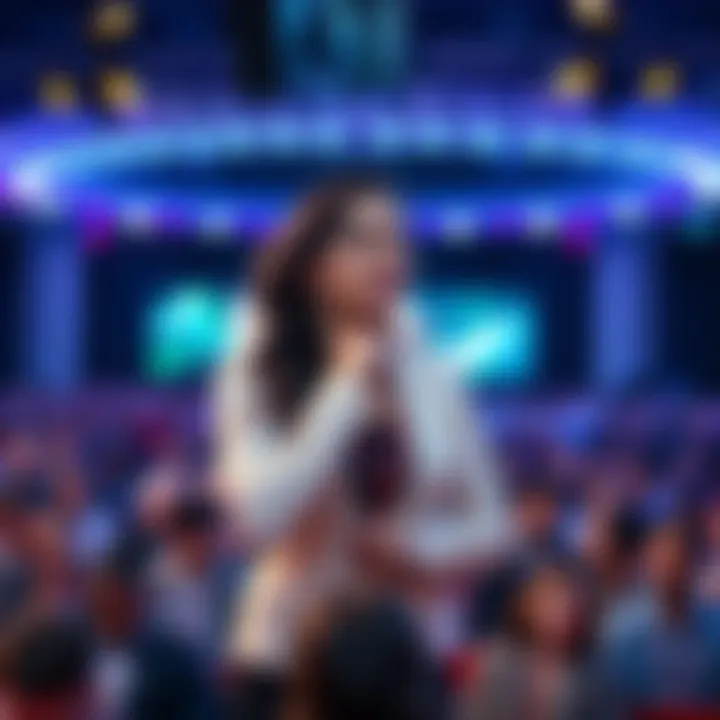 Nadine Chakar stands confidently on stage at HederaCon 2026, ready to share her insights on blockchain, with a vibrant audience in the background.